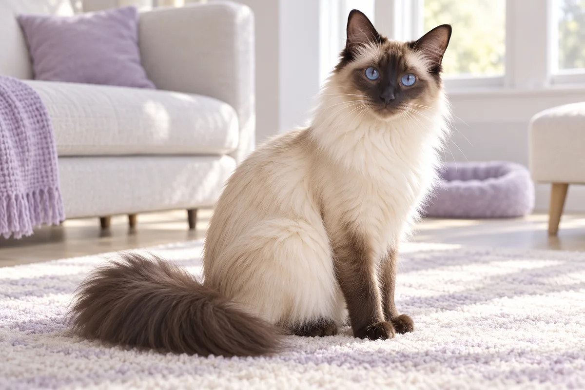 An imagined illustration of a blue-eyed Balinese cat with a silky coat