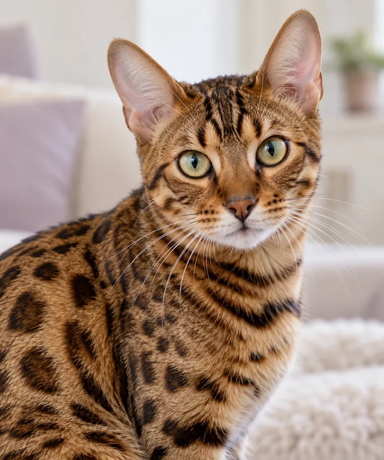 Imagined portrait of a Bengal cat with a spotted golden-brown coat