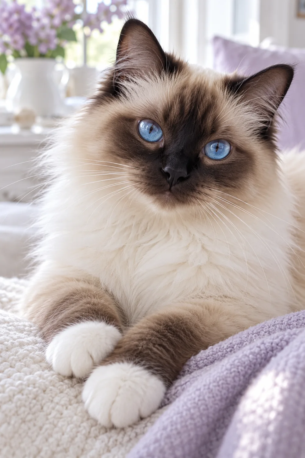 Imagined portrait of a blue-eyed Birman cat with white paws