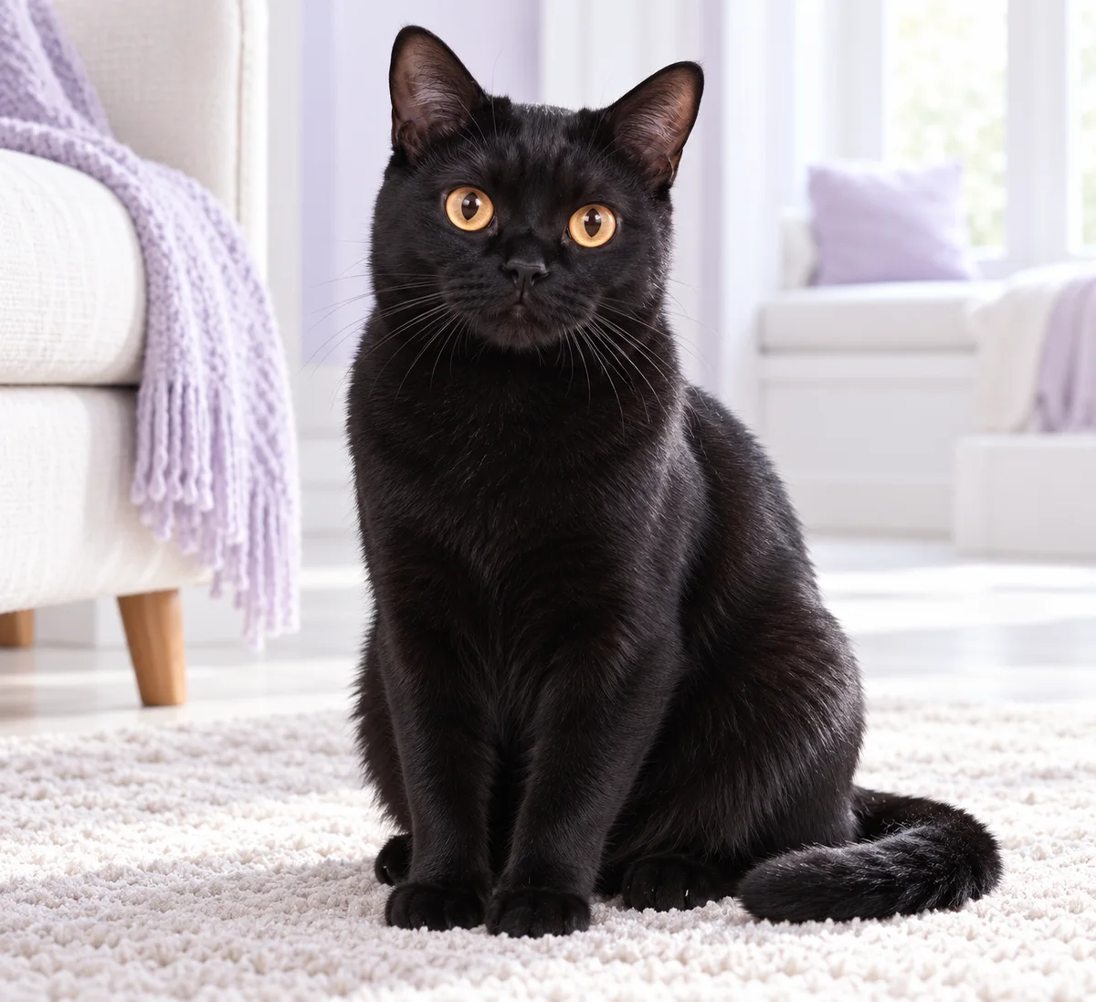 An imagined portrait of a black Bombay cat with copper-gold eyes