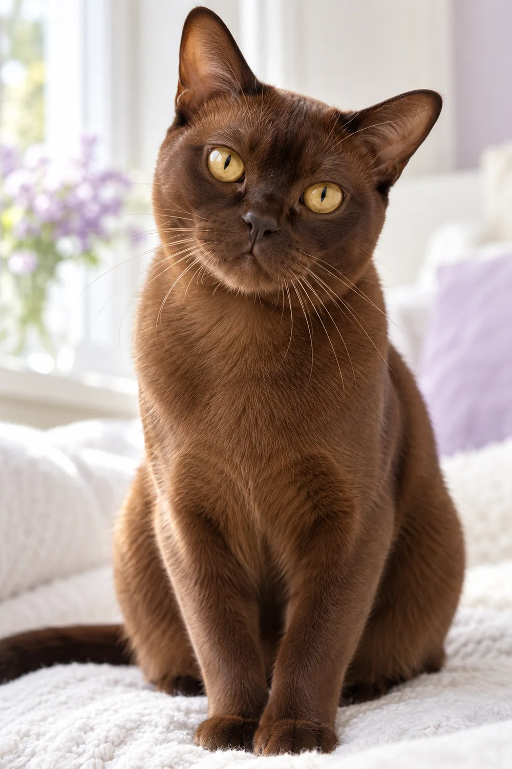Imagined portrait of a chocolate-brown Burmese cat with golden eyes