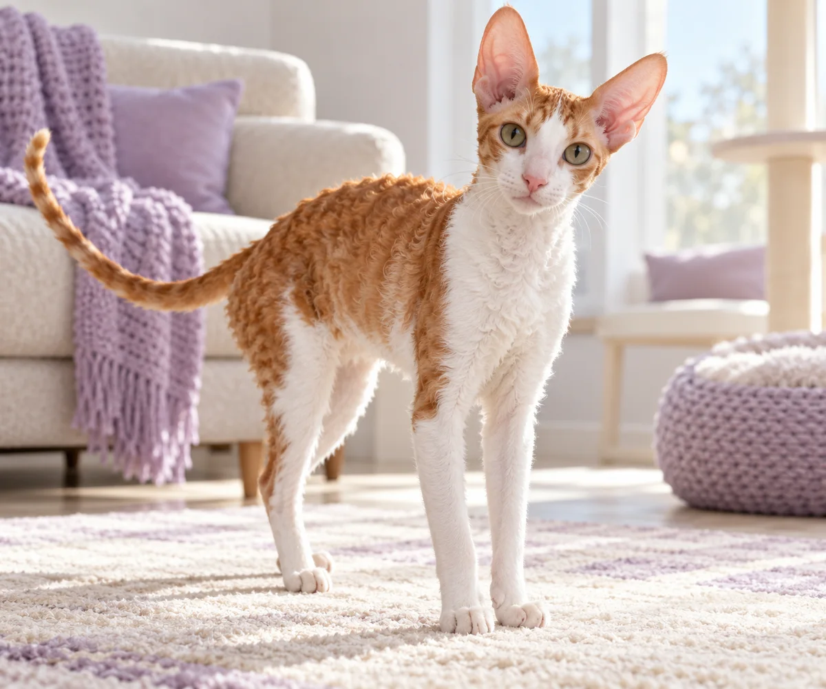 An imagined illustration of a red-and-white Cornish Rex cat with a curly coat