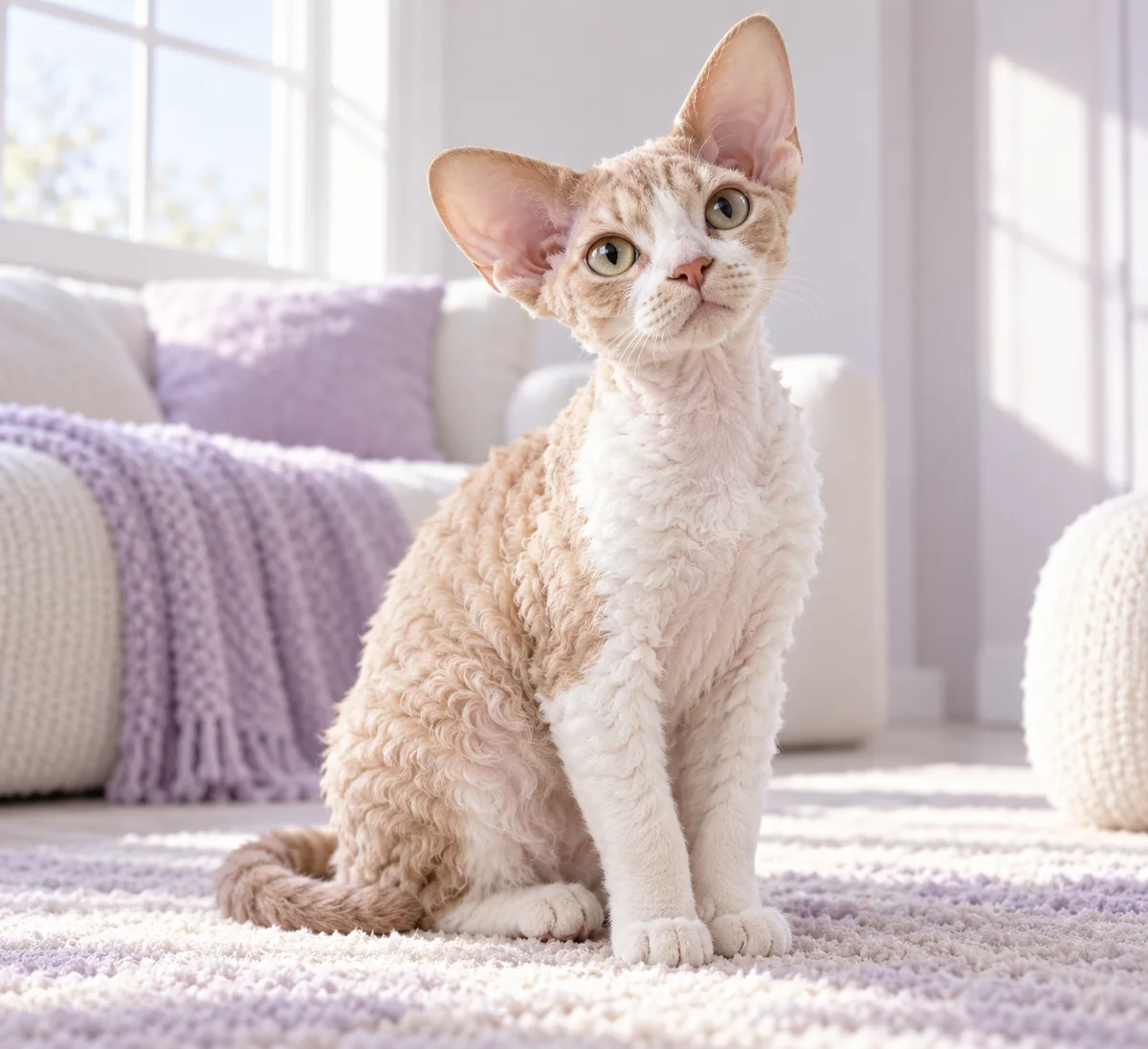 An imagined portrait of a short, curly-coated Devon Rex cat