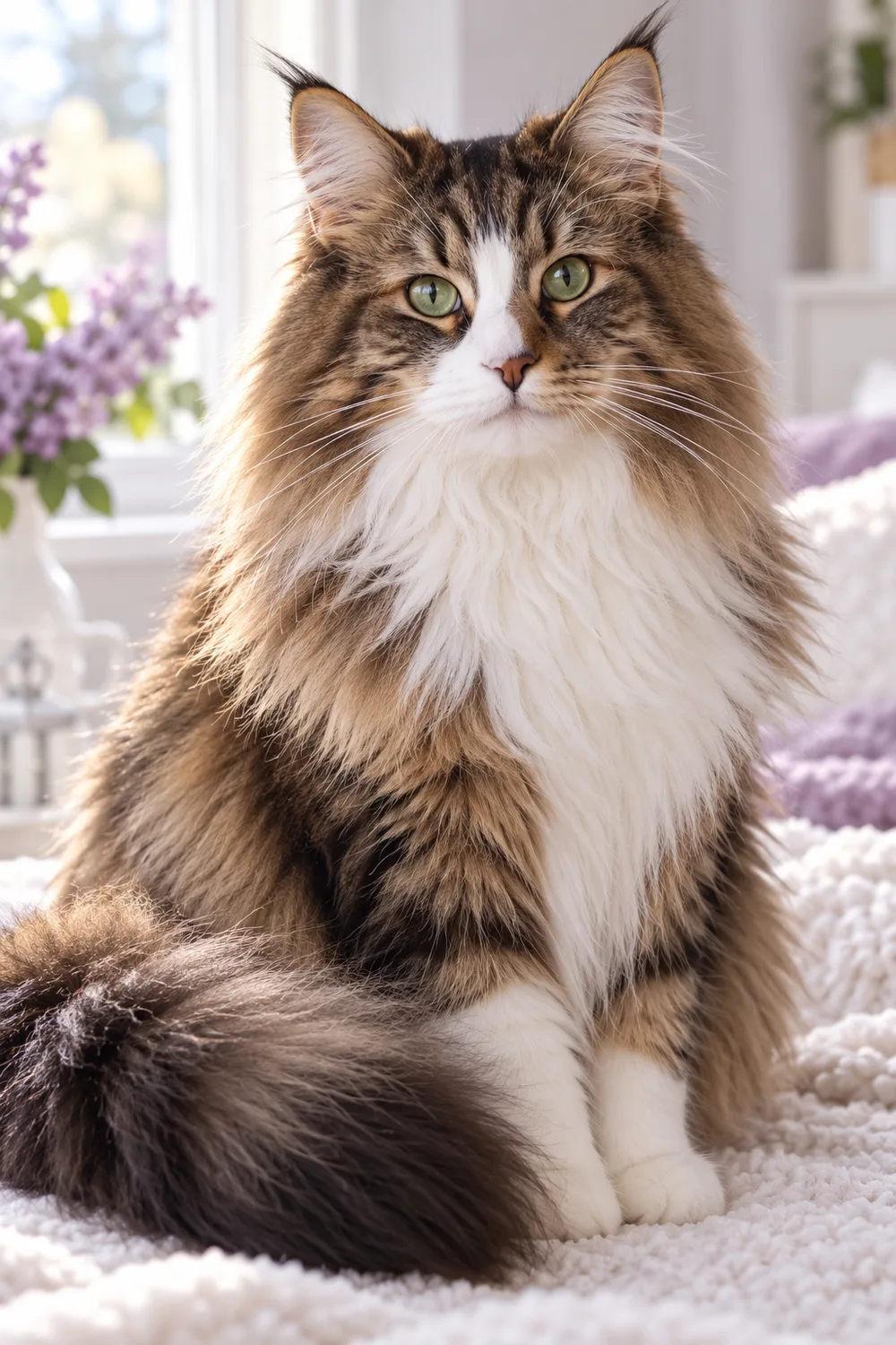 Imagined portrait of a Norwegian Forest cat with a long tabby and white coat