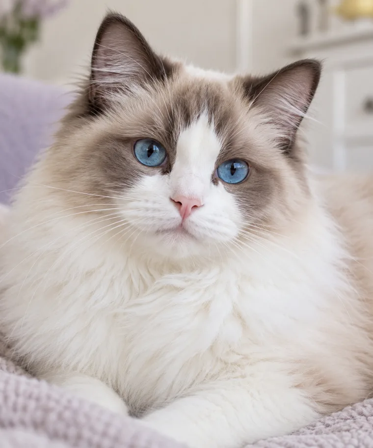 Imagined portrait of a long-haired Ragdoll cat with blue eyes