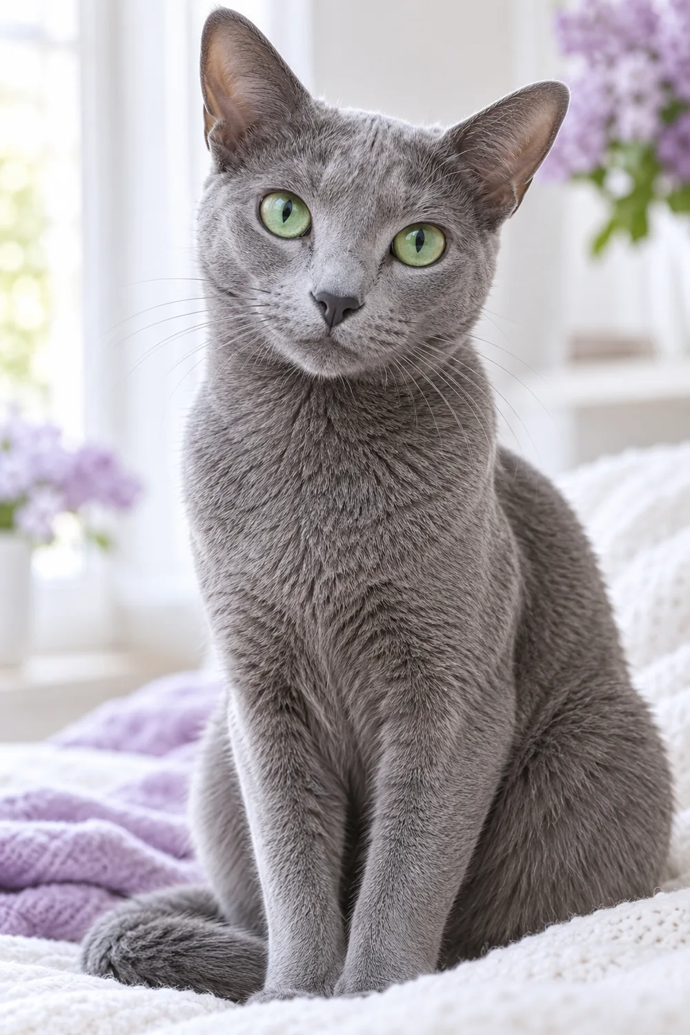Imagined portrait of a grey Russian Blue cat with green eyes