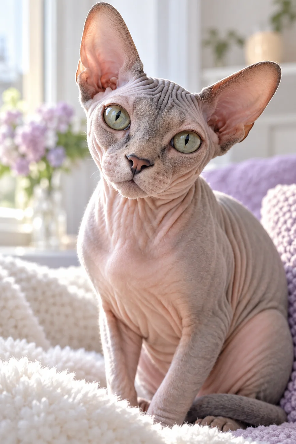 Imagined portrait of a Sphynx cat with fine down and large ears