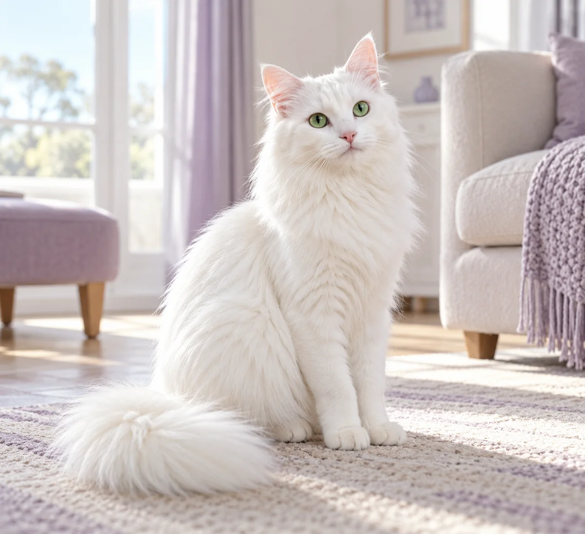 An imagined illustration of a white Turkish Angora cat with a silky coat