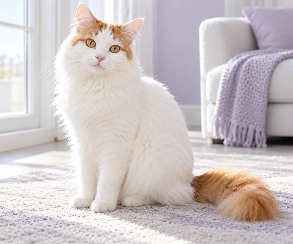 An imagined portrait of a mostly white Turkish Van cat with colour on its head and tail