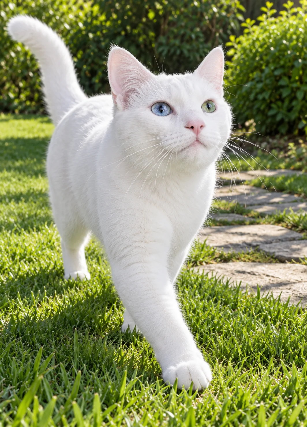 An imagined image of white cat Cosmo exploring a sunny garden, with one blue eye and one green eye