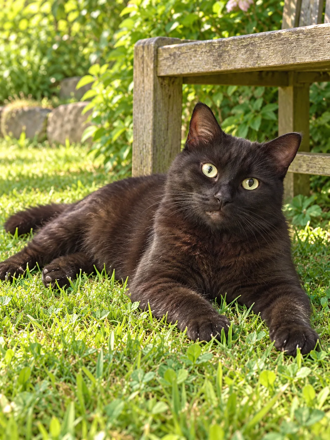 An imagined image of black cat Dusty enjoying a relaxing moment outside in the garden