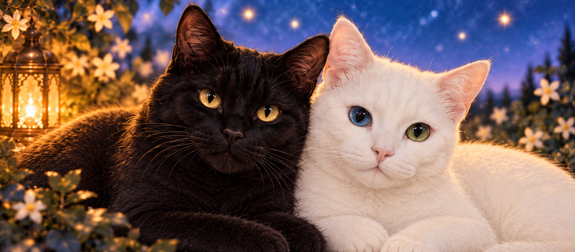 An imagined image based on photos of Cosmo and Dusty: black cat Dusty rests beside a glowing lamp, with white cat Cosmo beside Dusty under a starry sky.