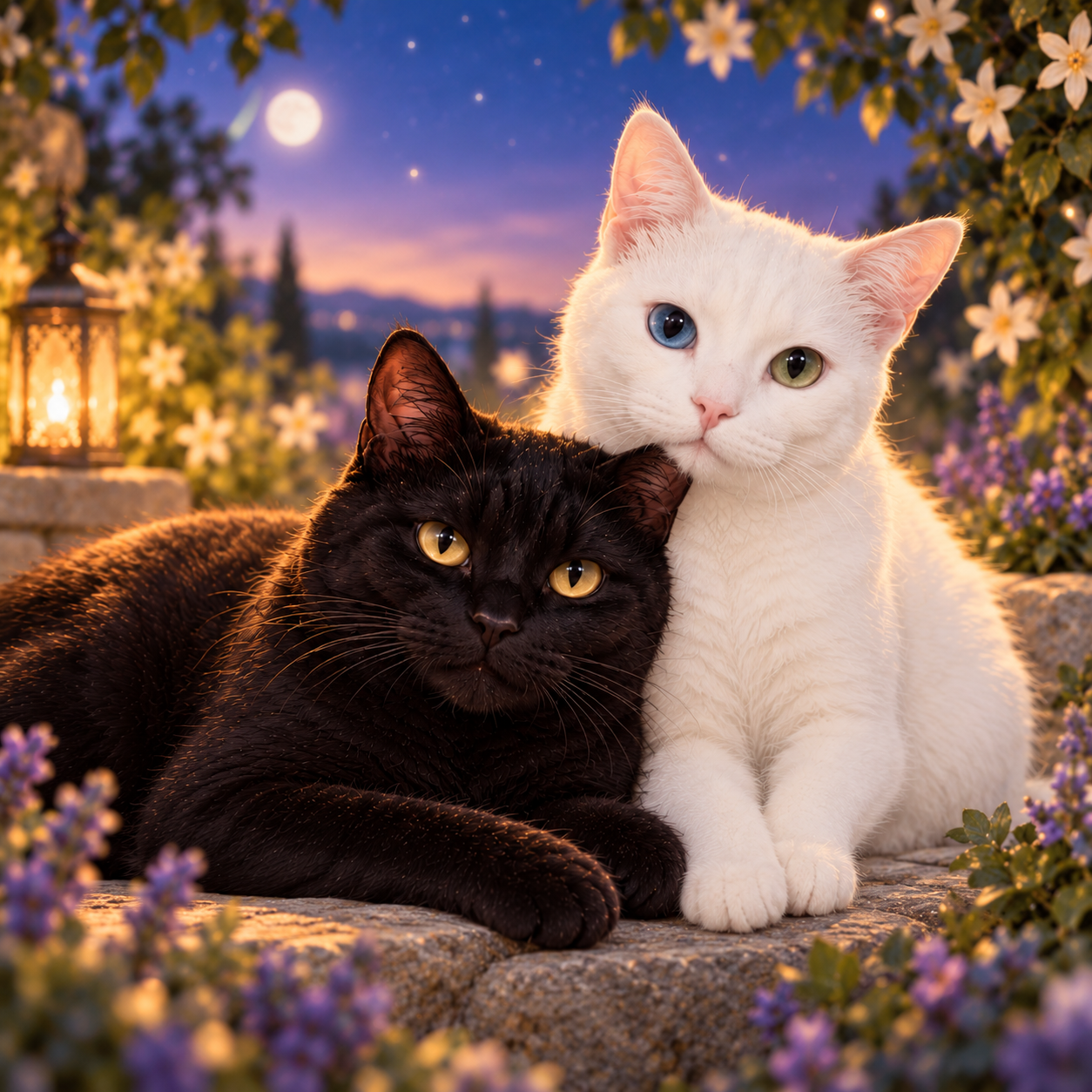 An imagined portrait of black cat Dusty resting beside white cat Cosmo, whose eyes are blue and green.
