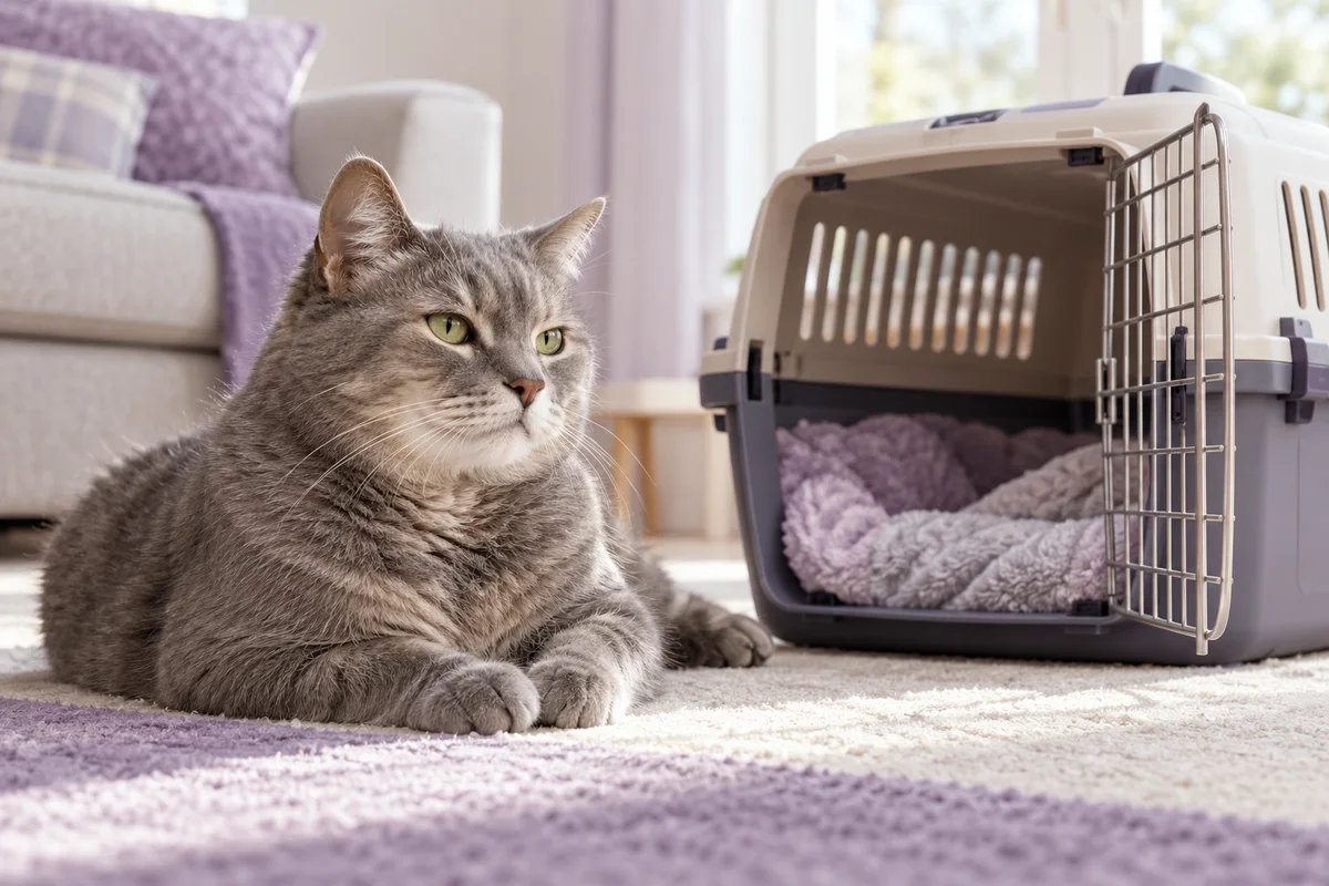 An imagined illustration of a cat beside a comfortable open cat carrier