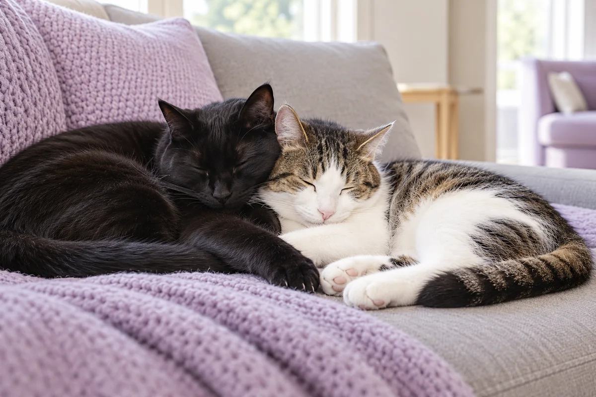 An imagined illustration of two cats resting peacefully together