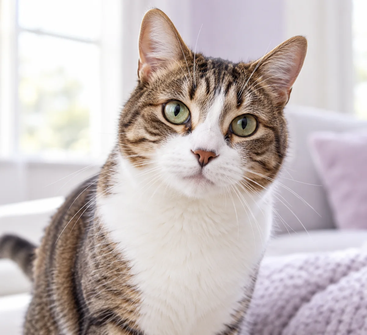 An imagined illustration of a curious tabby cat with upright ears and visible whiskers