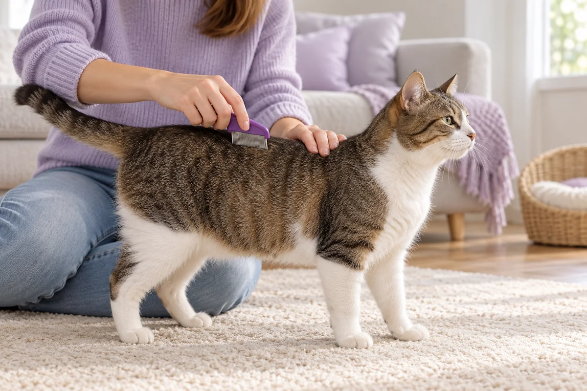 An imagined illustration of a person gently combing a cat
