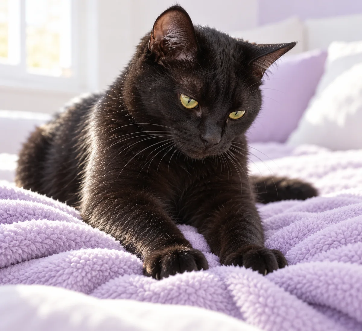 An imagined illustration of a black cat kneading a soft blanket