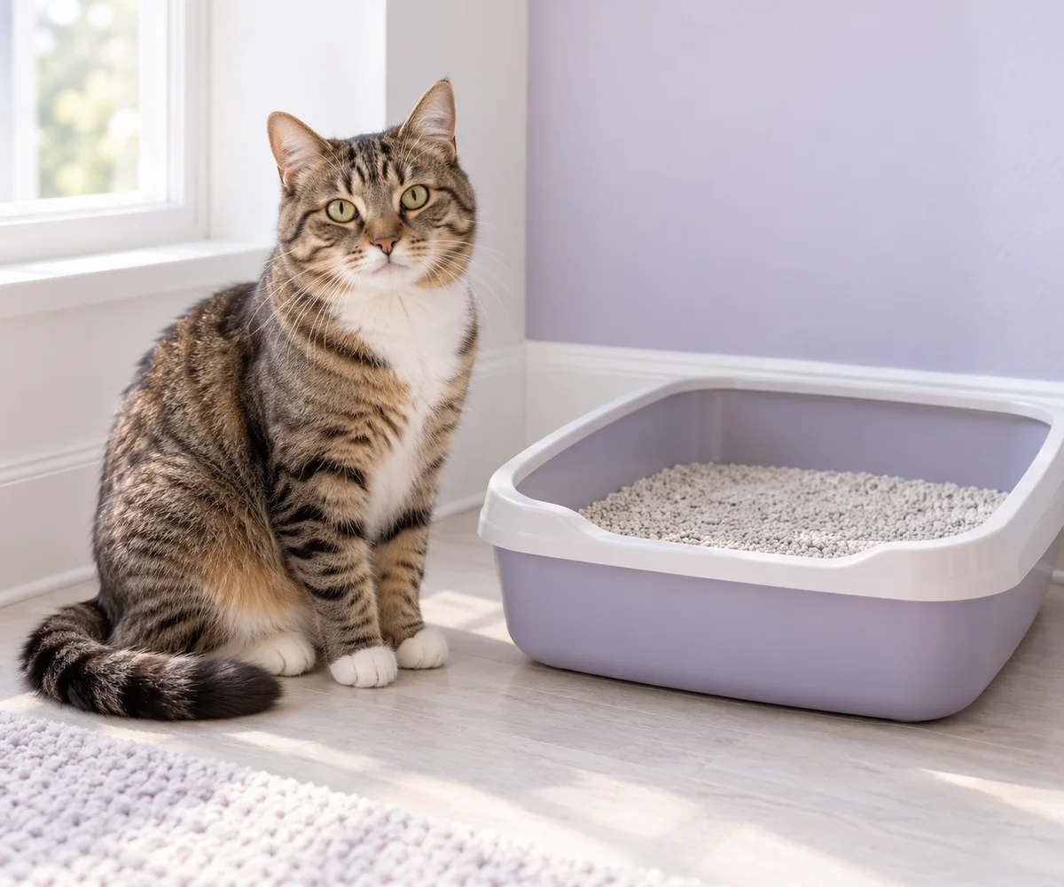 An imagined illustration of a cat sitting beside a clean litter tray