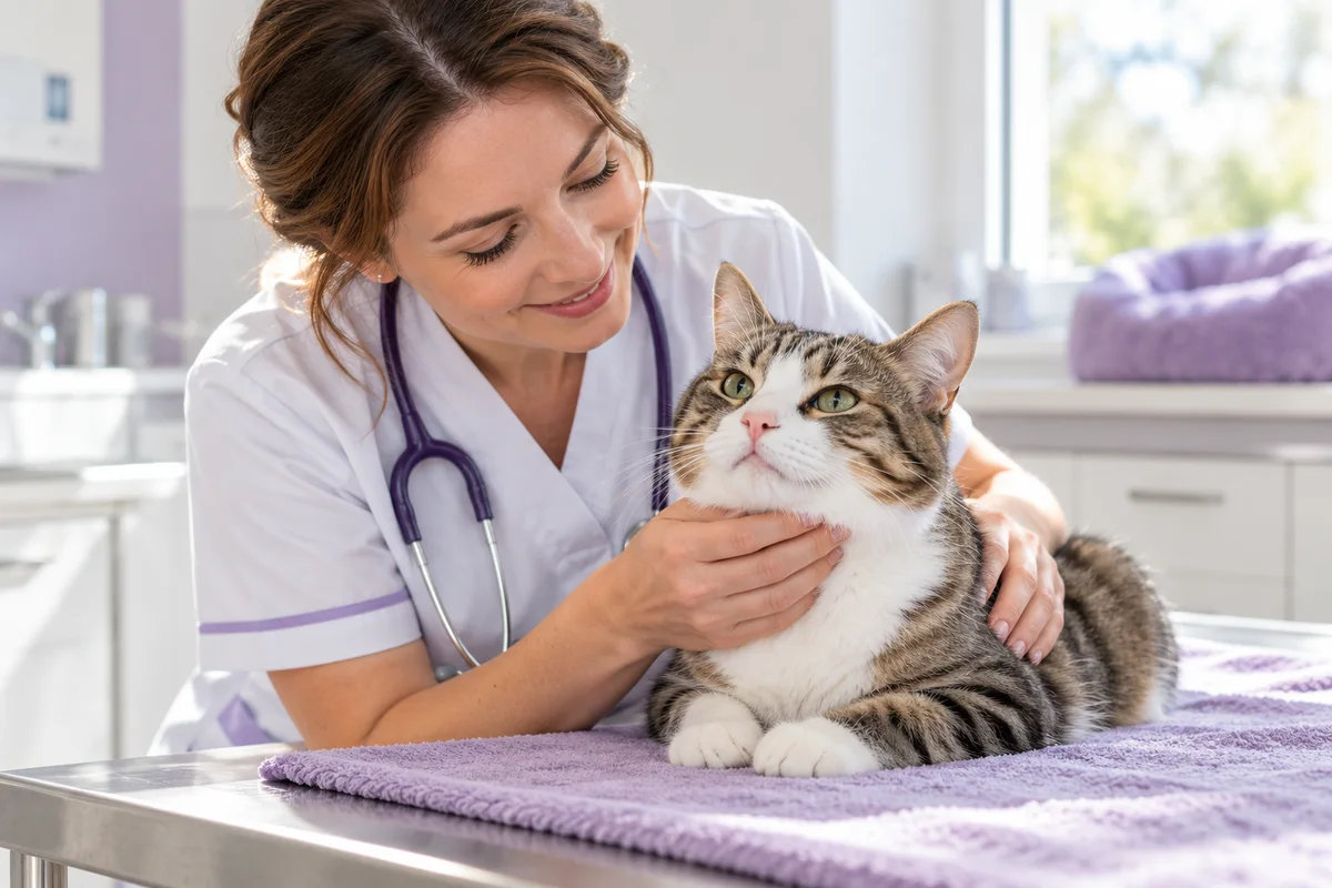 An imagined illustration of a vet gently examining a cat