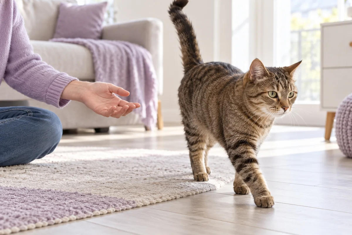 An imagined illustration of a cat moving away from an outstretched hand
