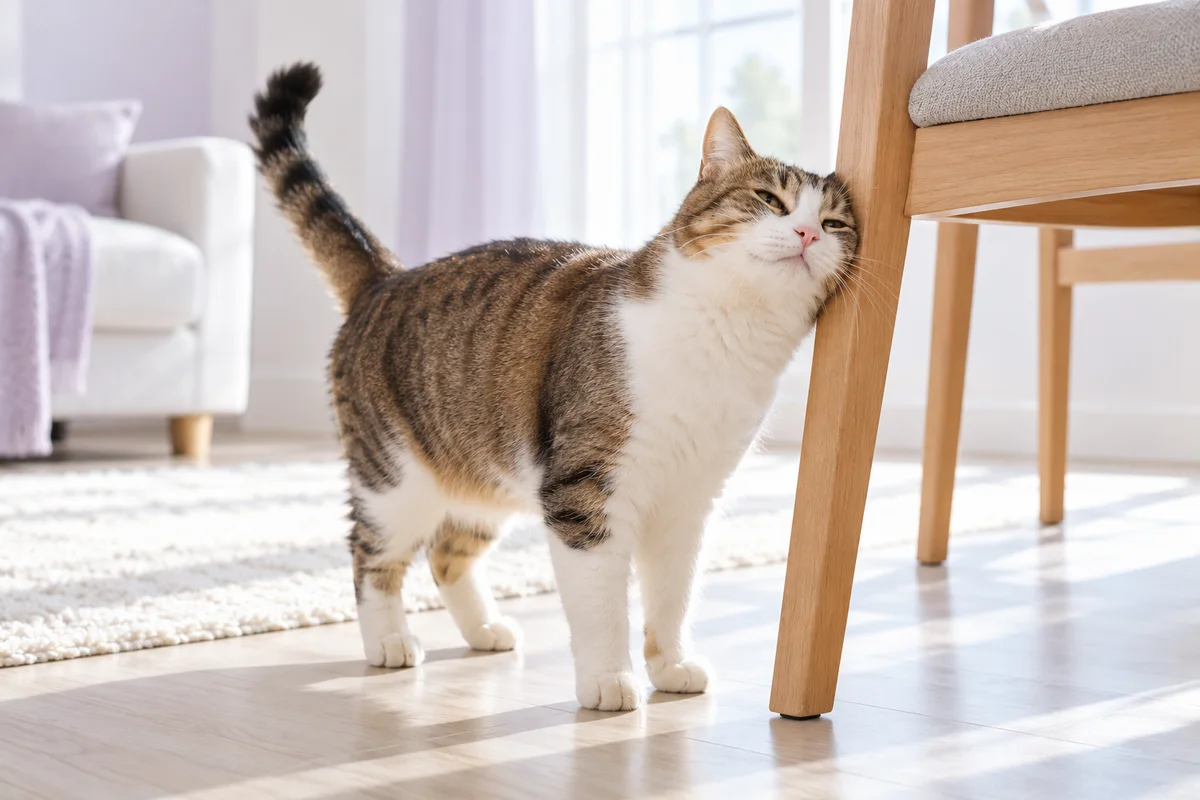 An imagined illustration of a cat rubbing its cheek against a chair