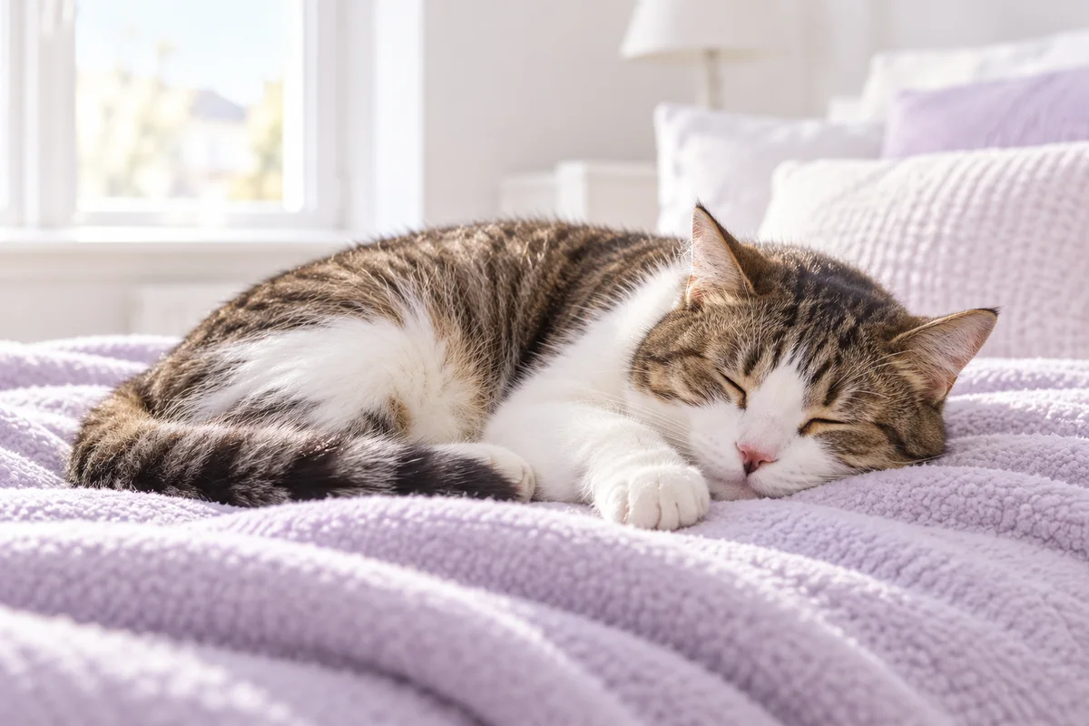 An imagined illustration of a cat sleeping on a soft blanket in a calm room