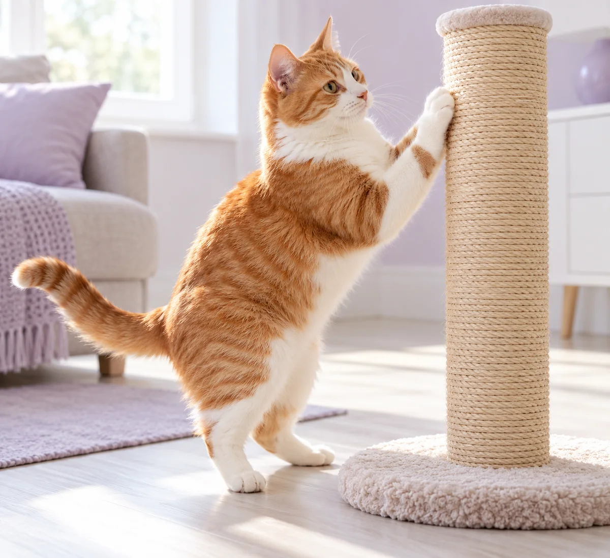 An imagined illustration of a ginger-and-white cat using a scratching post