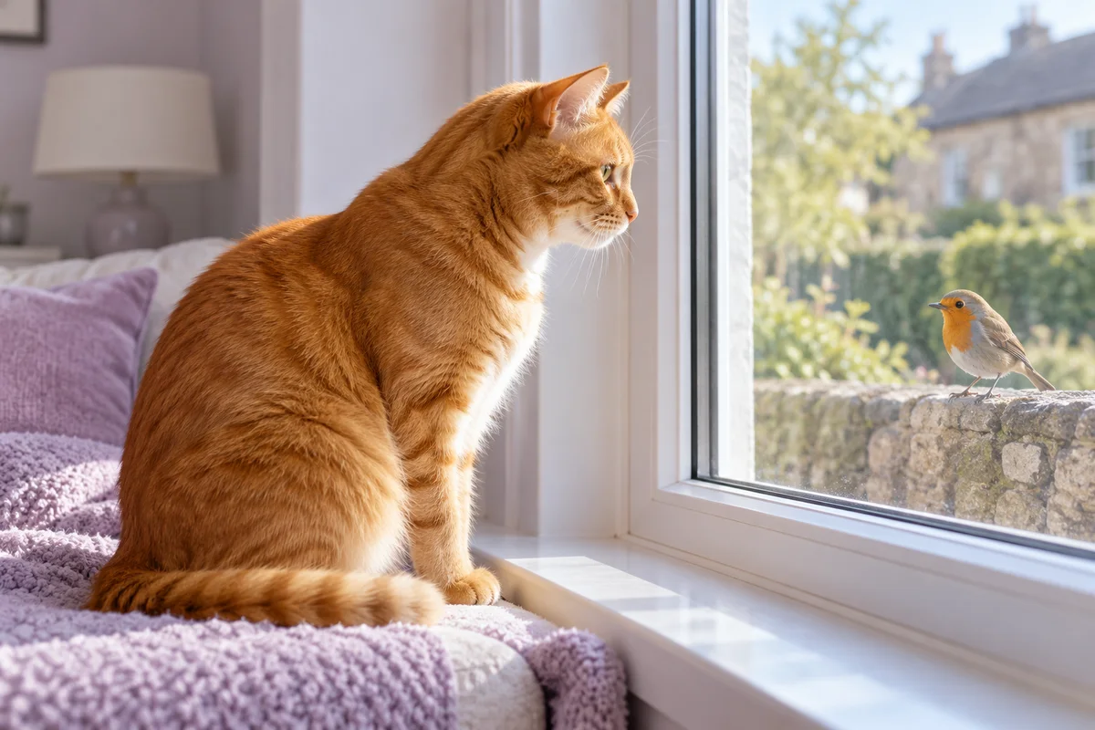An imagined illustration of a cat looking out through a closed window